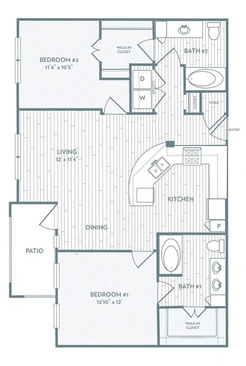 Floor plan for 2 beds, 2 baths, 1089 sqft